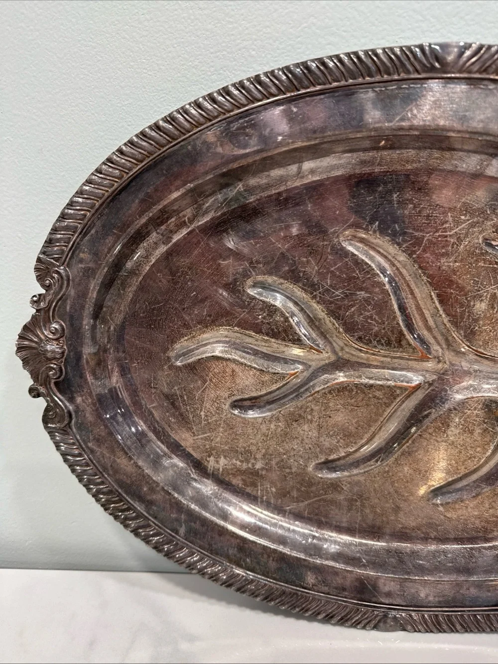 Silver-copper  Decorative Oval Serving Tray with Leaf Motif,  vintage